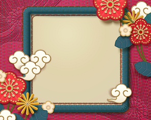 Embroidery style lovely plum flower frame in turquoise and fuchsia tone
