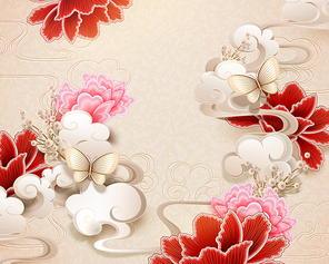 Elegant peony and butterfly background in paper art style