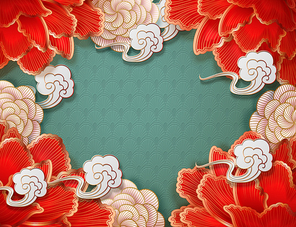 Splendour peony and cloud background in paper art style