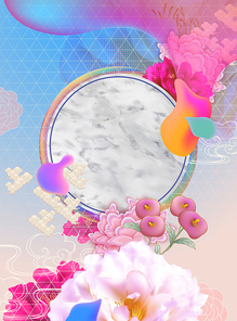 Modern flowing liquid background with marble stone texture plate and flowers