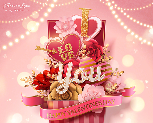Happy valentine's day gift box full of paper flowers and heart shaped decorations, bokeh glittering pink background in 3d illustration