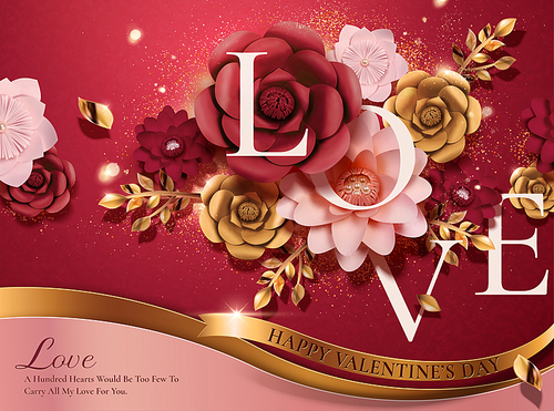 Happy valentine's day beautiful paper flowers card template in 3d illustration