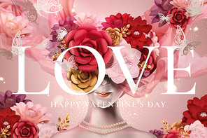 Happy valentine's day beautiful woman wearing paper flowers head wear in 3d illustration