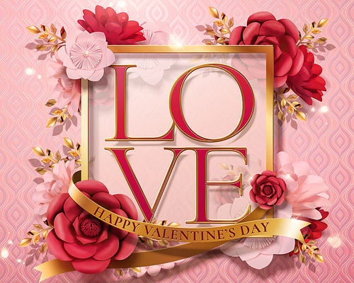 Happy valentine's day card template with paper flowers and golden frame in 3d illustration
