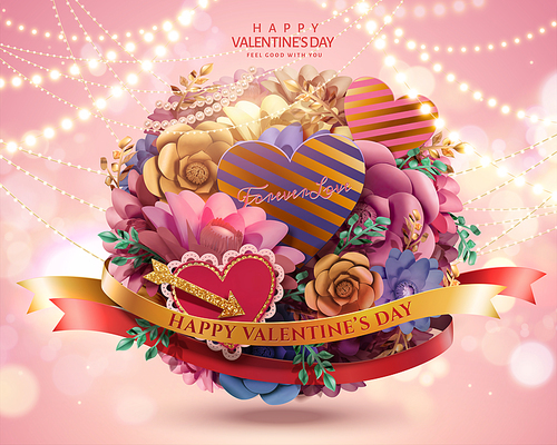 Happy valentine's day card template with paper flowers and heart shaped decorations in 3d illustration, pink bokeh background