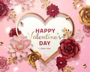 Happy valentine's day card template with paper flowers in 3d illustration, pink background