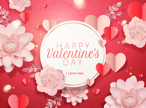 Happy valentine's day card template with paper pink flowers and heart shaped decorations in 3d illustration