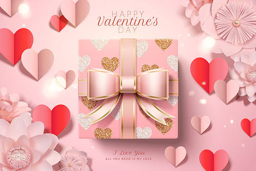 Happy valentine's day with pink gift box in heart shaped wrapping paper in 3d illustration
