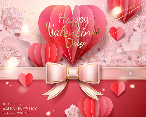 Happy valentine's day paper fold heart shaped decorations in 3d illustration, pink flowers background