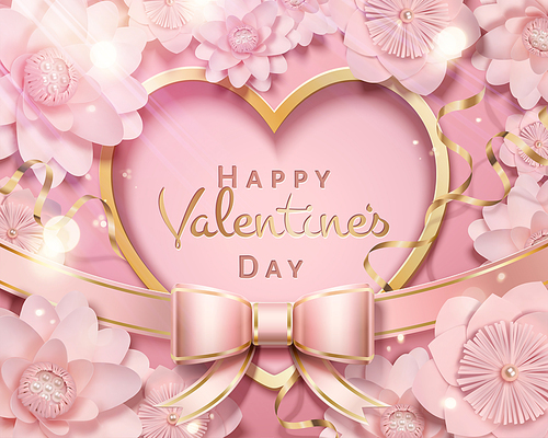 Happy valentine's day heart shaped and pink flowers decorations in 3d illustration