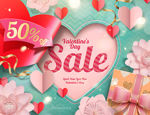 Happy valentine's day sale heart shaped and pink flowers decorations in 3d illustration