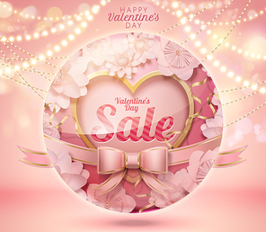 Happy valentine's day sale with heart shaped and pink flowers decorations in 3d illustration