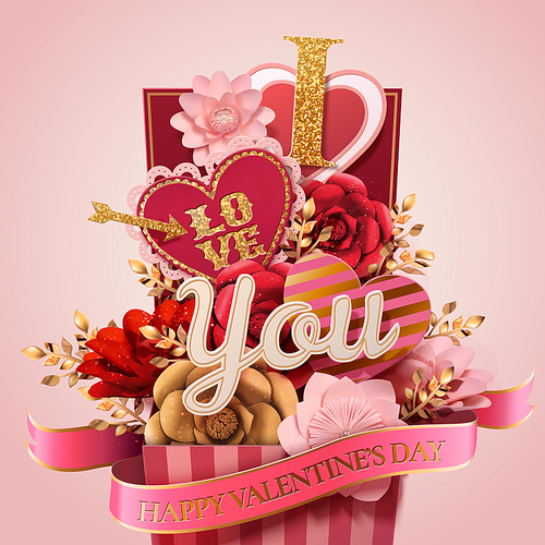 Happy valentine's day gift box full of paper flowers and heart shaped decorations, pink background in 3d illustration