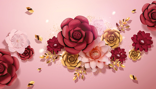 Paper flowers in red, pink and golden color in 3d illustration
