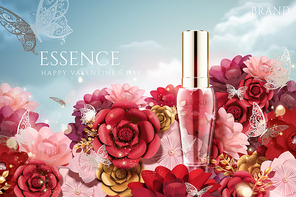 Romantic essence ads on paper flowers background in 3d illustration