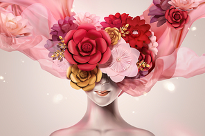 Beautiful and mysterious woman with paper flowers headwear and flying chiffon in 3d illustration
