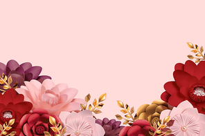Romantic paper flowers garden background in 3d illustration
