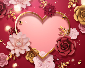 Romantic Valentine's day card template with paper flowers and heart shpaed copy space, 3d illustration