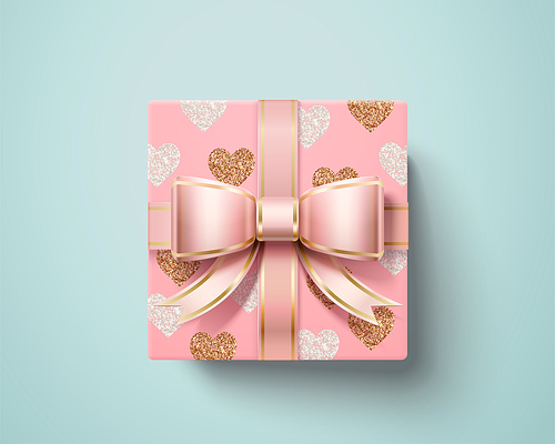 Valentine gift box with pink ribbon bow and heart shaped pattern wrapping paper in top view angle, 3d illustration