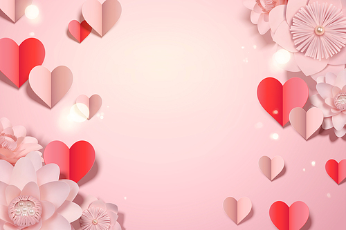 Valentine's day card template with paper heart shaped decorations and flowers, 3d illustration