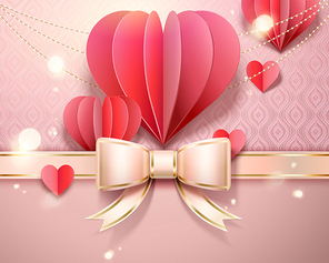 Valentine's day card template with paper heart shaped decorations, ribbon bow in 3d illustration
