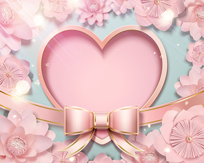 Valentine's day card template with paper heart shape and flowers, ribbon bow in 3d illustration