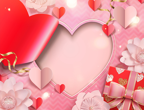 Valentine's day card template with paper heart shape and flowers, gift box in 3d illustration