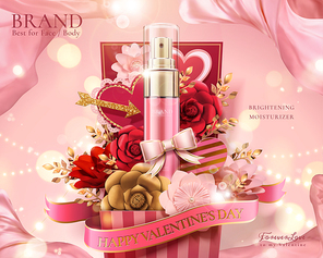 Happy Valentine's day gift set with paper flowers and spray bottles in 3d illustration