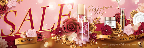 Happy Valentine's day cosmetic sale banner with paper flowers on pink bokeh background, 3d illustration