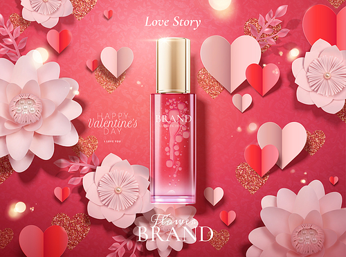 Happy Valentine's day cosmetic ads with glass bottle on paper flowers background
