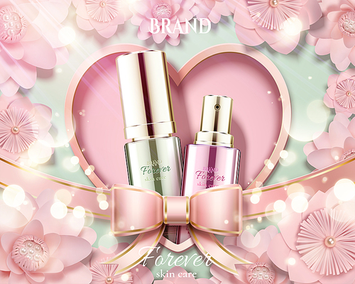 Cosmetic ads with glass bottle and pink paper flowers background