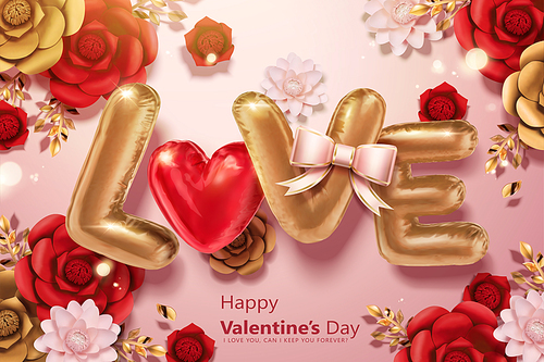 Happy Valentine's day with L.O.V.E and heart shaped balloons in 3d illustration