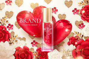 Cosmetic spray bottle ads with paper flowers and red heart shaped balloons in 3d illustration
