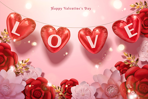 Happy Valentine's day sale with heart shaped balloons and paper flowers in 3d illustration