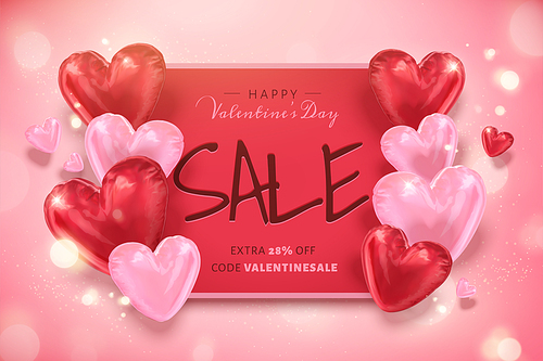 Happy Valentine's day sale template with heart shaped balloons in 3d illustration