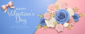Happy Valentine's day banner with paper flowers in pink and blue, 3d illustration