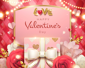 Valentine's day card template with gift box and paper roses in 3d illustration
