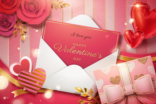 Valentine's day card in envelope with paper flowers and gift box in 3d illustration