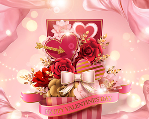 Valentine's day gift box full of paper flowers and heart decorations in 3d illustration