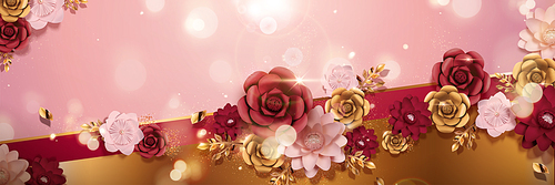 Romantic paper flowers banner with bokeh effect in 3d illustration