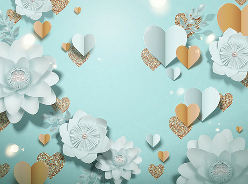 Elegant paper flowers and heart decorations on light blue background in 3d illustration