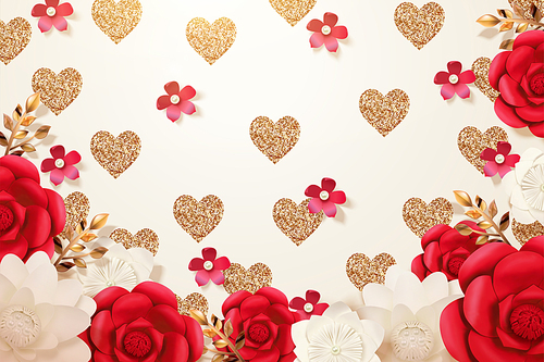 Paper flowers in red and white on heart shaped background, 3d illustration