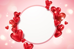 Heart shaped balloons with copy space on pink bokeh background in 3d illustration
