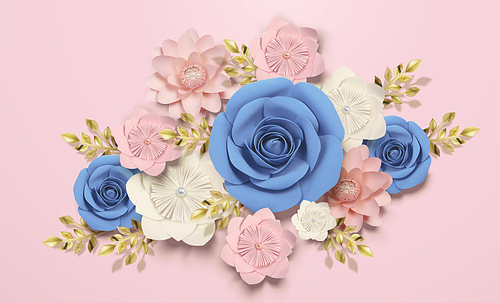 Elegant paper flowers decorations on pink background in 3d illustration