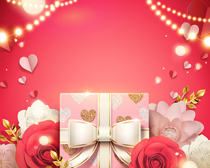 Valentine's Day decorative background with gift box and paper flowers in 3d illustration