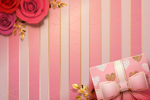 Valentines day striped background with gift box and roses decoration, 3d illustration
