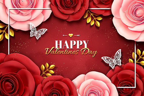 Happy valentine's day design with paper roses in 3d illustration