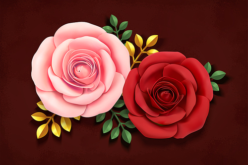 Romantic roses in paper art style on burgundy red background, 3d illustration