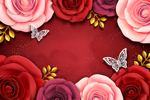 Paper art roses background in 3d illustration
