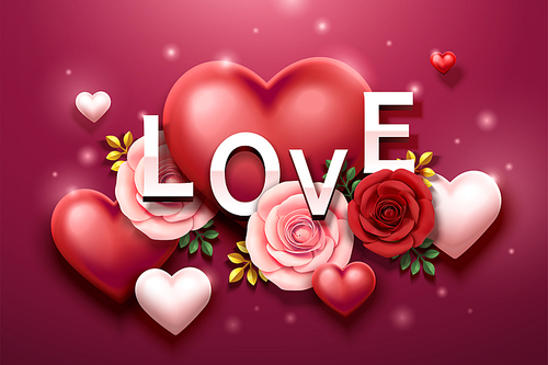 Valentine's day design with roses and heart shaped decorations in 3d illustration